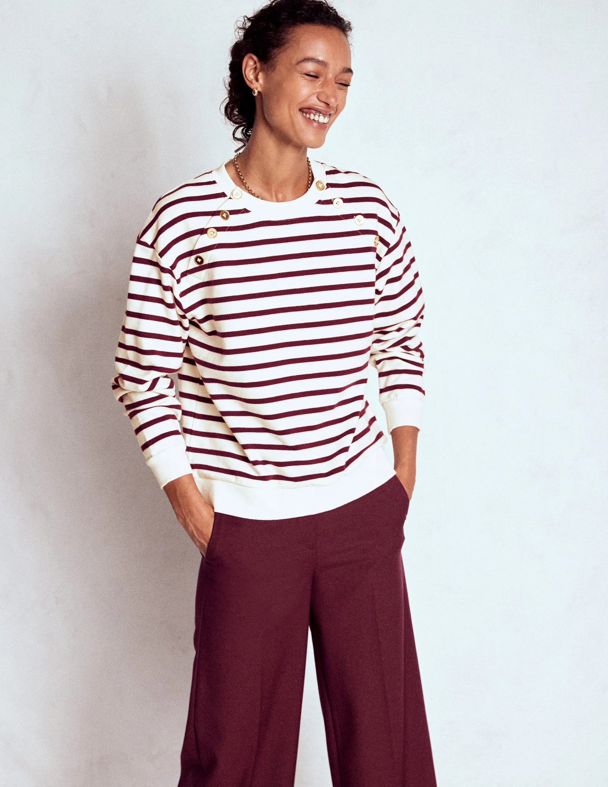 Button Detail Sweatshirt-Deep Wisteria, Ivory | Boden (US)