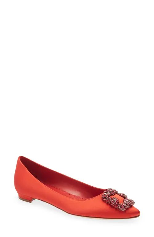 Manolo Blahnik Hangisi Jeweled Pointy Toe Flat in Red at Nordstrom, Size 6.5Us | Nordstrom