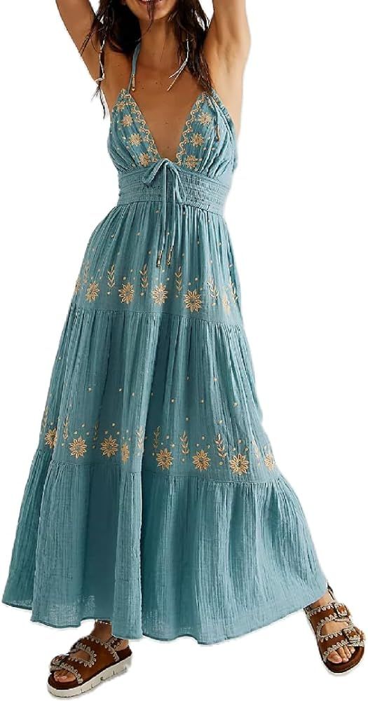 Women Boho Embroidery Maxi Dress Floral Flowy Tiered Long Dress with Puff Sleeve V Neck Swing Cas... | Amazon (US)