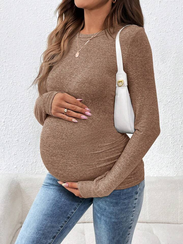 SHEIN Maternity Round Neck Long Sleeve Slim Fit T-Shirt, Solid Color, Autumn | SHEIN