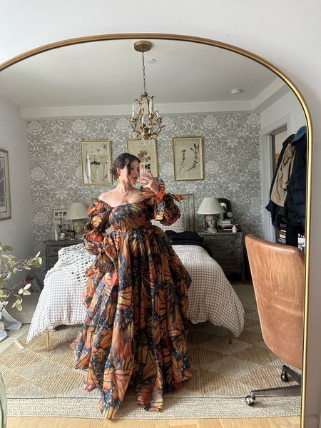 Monarch butterfly print  gown from selkie. Print is available in multiple styles! I’m wearing a large! Gorgeous for a black tie event or be the queen of ren faire!

#LTKFestival #LTKMidsize #LTKParties