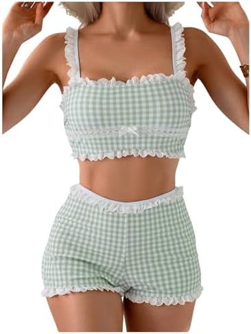 MakeMeChic Women's Plaid Gingham Tankini Bathing Suit Eyelet Embroidery Ruffle Swimsuit Top with ... | Amazon (US)
