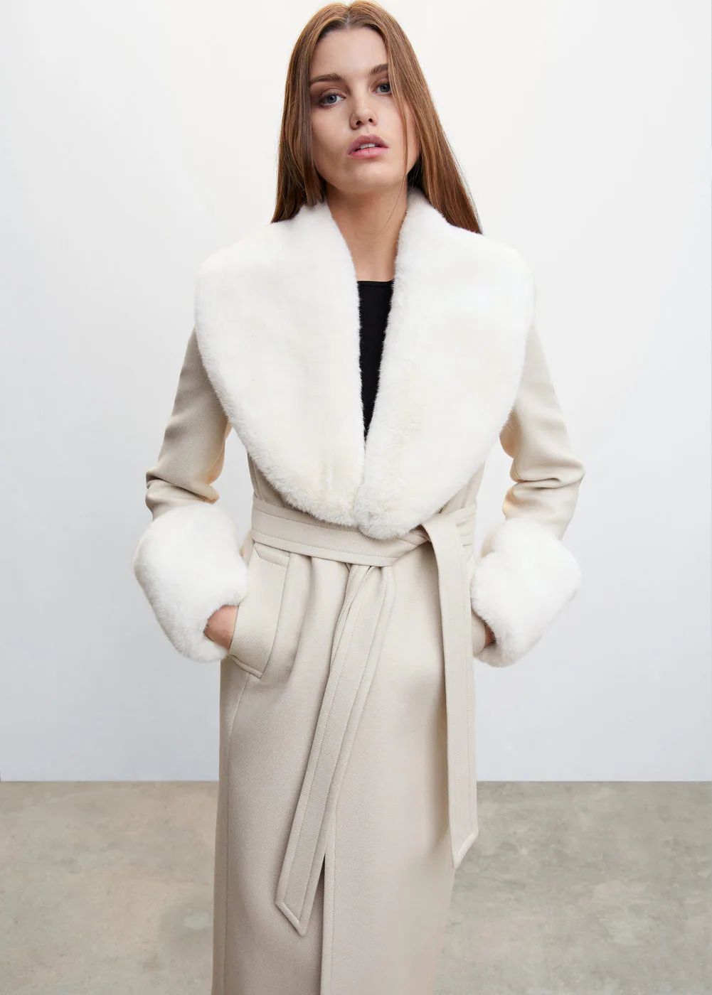 Wool coat with detachable fur details -  Women | Mango USA | MANGO (US)