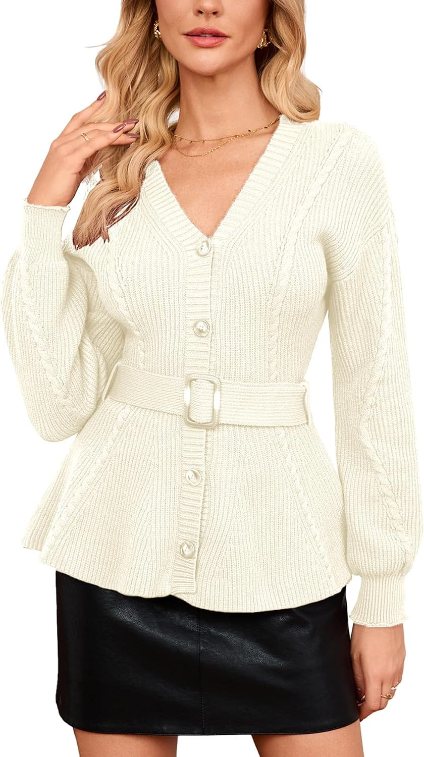 Women's Belted Cable Knit Cardigan Long Sleeve V-Neck Button Down Peplum Sweater | Amazon (US)
