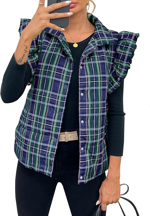 Tankaneo Womens Plaid Puffer Vests Ruffle Sleeveless Lightweight Quilted Vest Fall Winter Padded ... | Amazon (US)