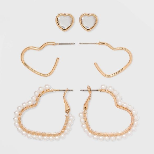 Girls' 3pk Pearl Hearts Earrings - art class™ Gold | Target