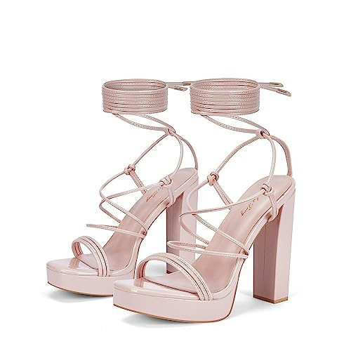 Elisabet Tang Women's Strappy Heeled Sandals, 5 inch Platform Heels Chunky Lace up High Heels Open Toe Party Shoes Nude Patent Size 11 | Amazon (US)