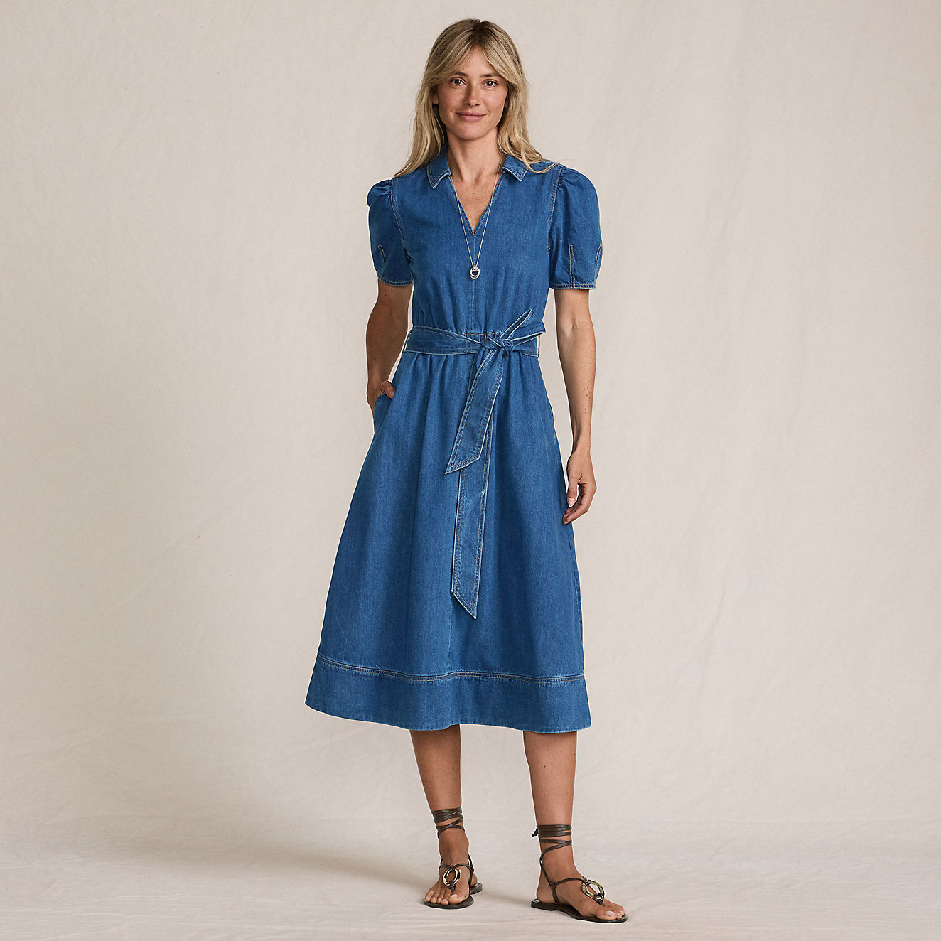 Women's Soft Denim Puff Sleeve Midi Dress | Lands' End (US)