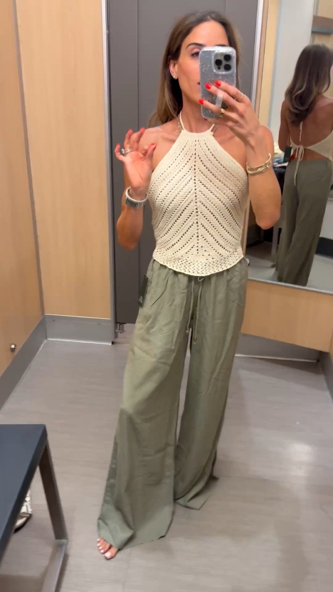 Super cute vacation outfit idea, target style. Crochet halter top looks so high end wearing xxs. Green flowy pants size xxs 

#LTKPetite #LTKSeasonal #LTKootd