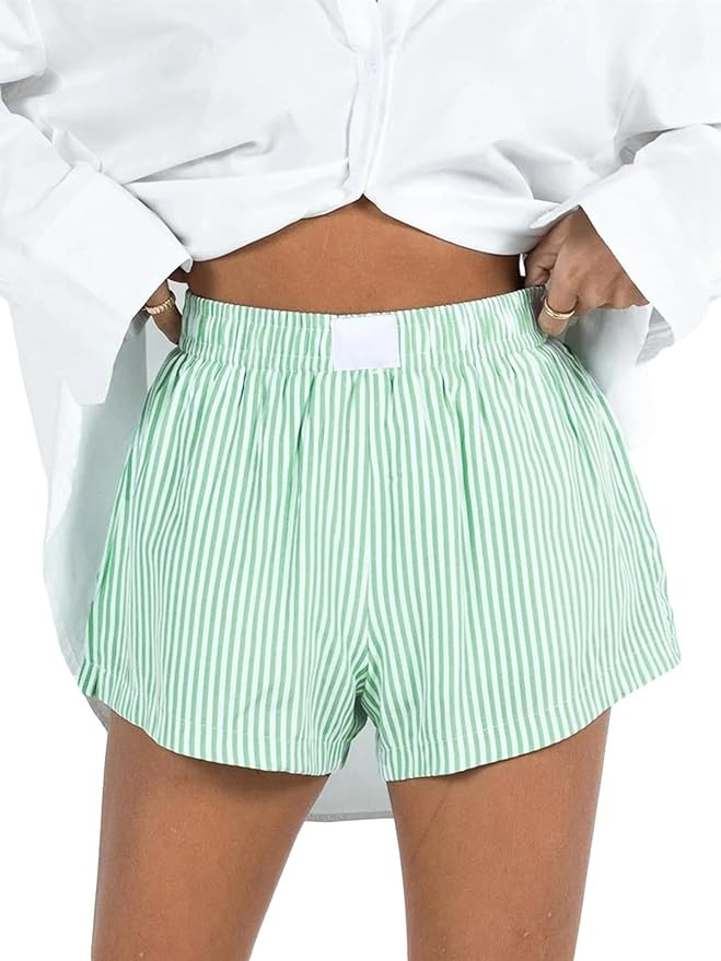 Striped Boxer Shorts Women Elastic Waist Y2k Lounge Pajama Shorts Cute Stripe Print Bottoms with ... | Amazon (US)