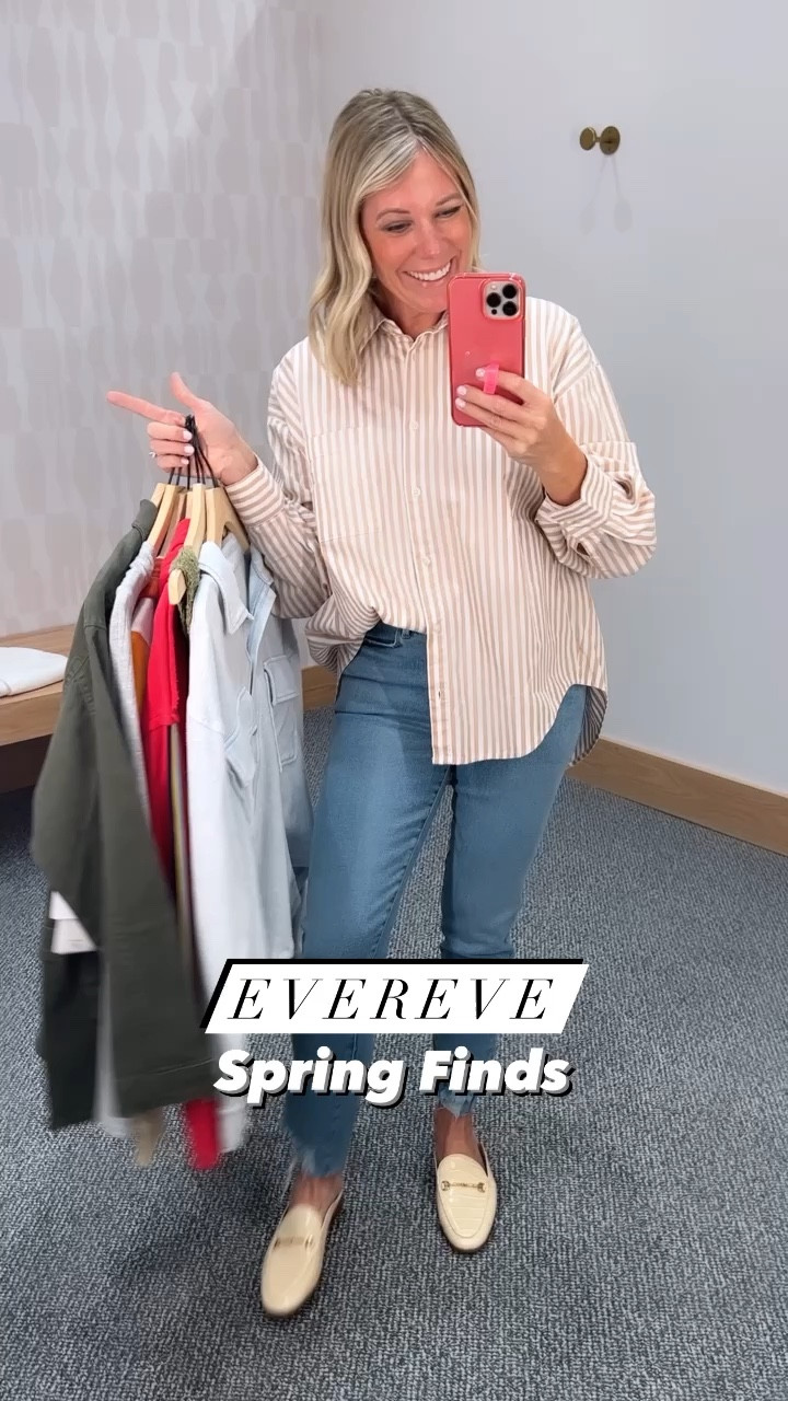 Evereve Spring Fashion denim jeans, spring shirts tops neutral sneakers pull over spring shirts. Wearing a size extra small in the beige striped button down. Size small in the red sweatshirt light blue Shacket pink Henley. Size extra small/small in the free people tank top. Size 26 in all denim. Size 27 in the white Paige wide leg jeans.

#LTKstyletip #LTKSeasonal #LTKshoecrush