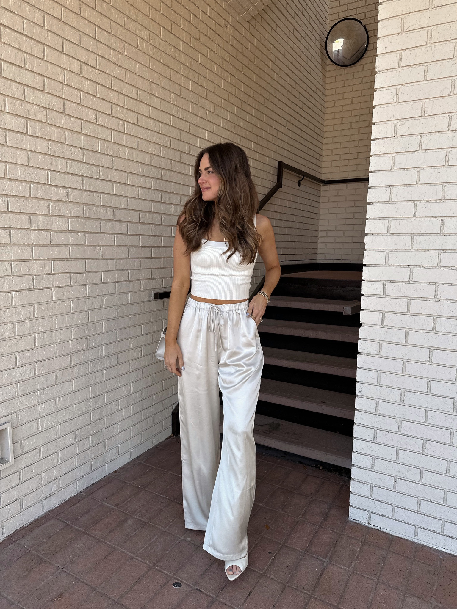 Monochromatic outfit inspo! I’m wearing a size S in everything & my heels run TTS. // Abercrombie, af outfit, spring outfit, satin pants 