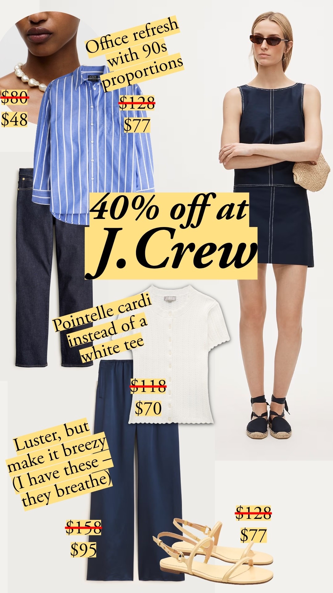 40% off J. Crew ends 5/26! Love love love the Cosmo pants in the luster charmeuse - I'd describe it as a glossy twill, and it breathes (unlike a lot of polyester satin pants out there). Pair them with that pointelle cardigan instead of a tee, or wear them with a cropped button up. Speaking of – that striped oversized button up is so great with slim jeans for that 90s look. I'd layer a tee + pearls underneath, then keep the shirt pretty open. I have these sandals, and they are very comfortable. TTS. J.Crew, office outfit, weekend look, mini skirt, slim jeans, cigarette jeans, dark wash denim, button up shirt, stripes, cotton, satin pants, elastic pants, pointelle, cardigan, sandals, pearls, work outfit ideas

#LTKootd
