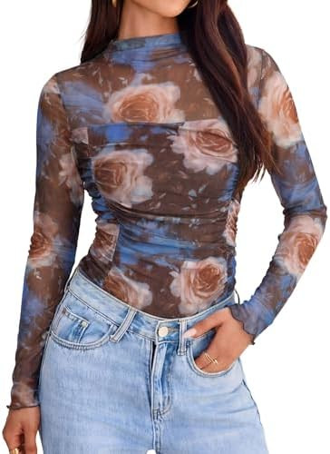 Glamaker Women's Lace Mesh Sexy Tops Long Sleeve Mock Neck Sheer Y2K Date Night Going Out Shirts ... | Amazon (US)
