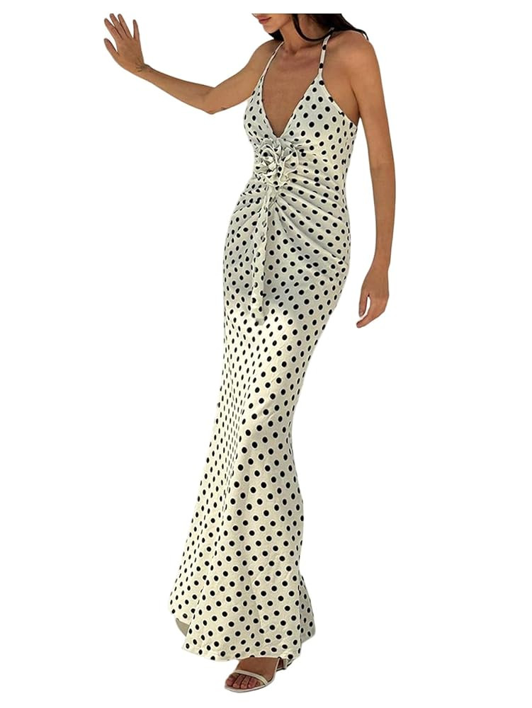 Verdusa Women's 3D Floral Polka Dots Maxi Dress Vintage Criss Cross Fishtail Cami Dresses | Amazon (US)