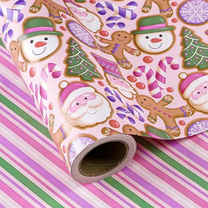 WRAPAHOLIC Reversible Gingerbread Christmas Wrapping Paper - Mini Roll - 17 Inch x 33 Feet - Pink... | Amazon (US)