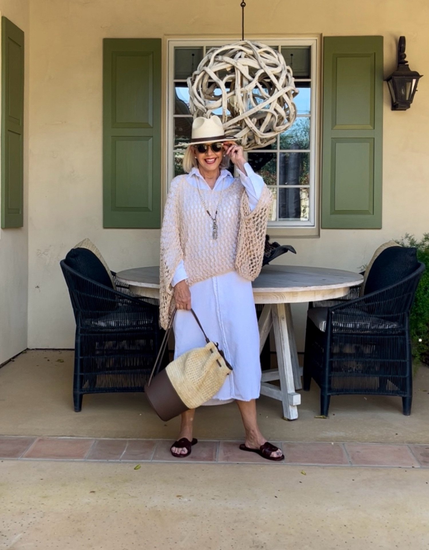 White shirt dress with shrug straw hat and accessories

#strawhat #strawbag #shirtdress