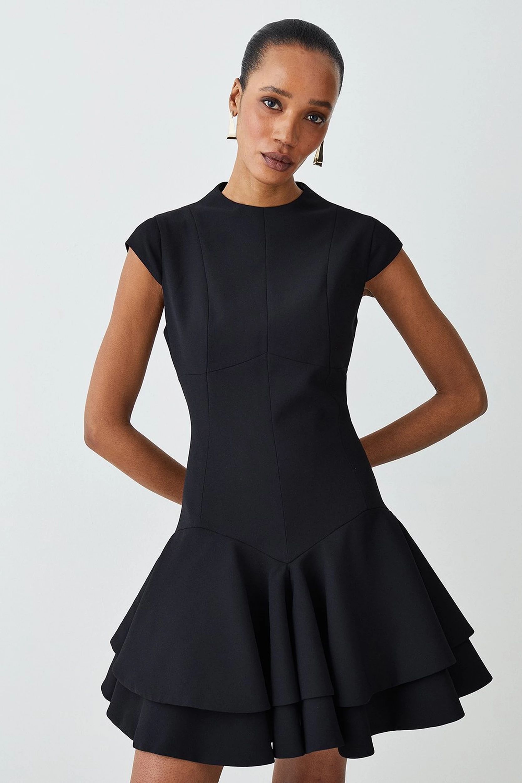 High Neck Crepe Full Skirted Mini Dress | Karen Millen US