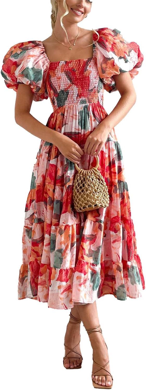Womens Spring Summer Long Dresses Boho Floral Square Neck Midi Dress Puff Short Sleeve Tiered Max... | Amazon (US)