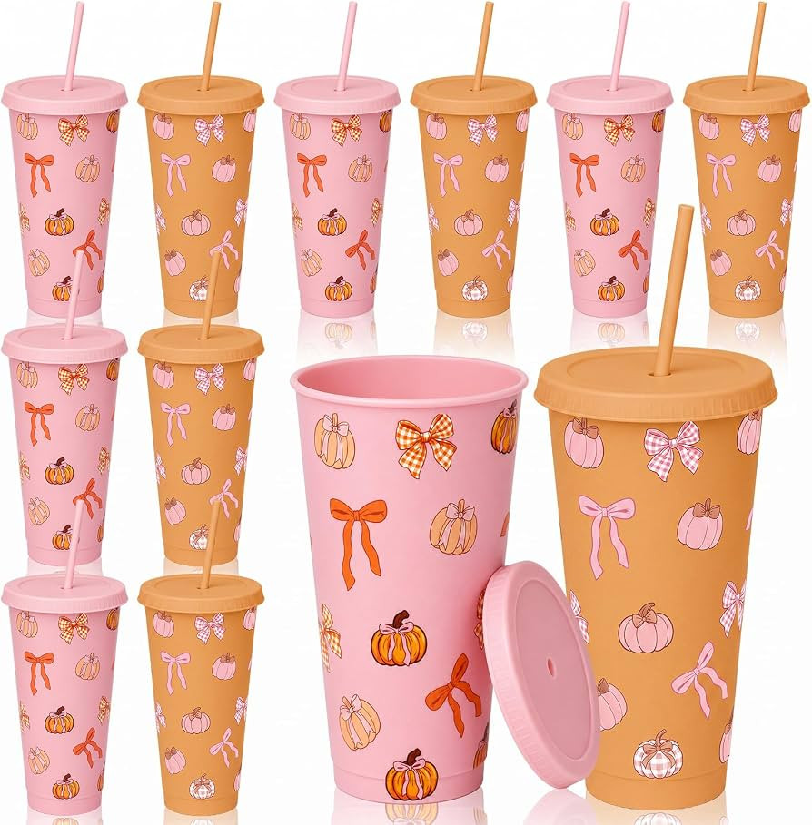 FoldTier 12 Pcs 24 oz Pink Bow Pumpkin Fall Plastic Cup with Straw Lid | Amazon (US)