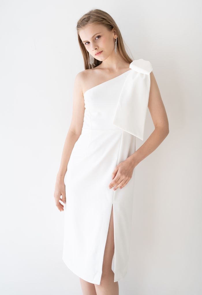 Bow Strap Oblique Slit Shift Dress in White | Chicwish