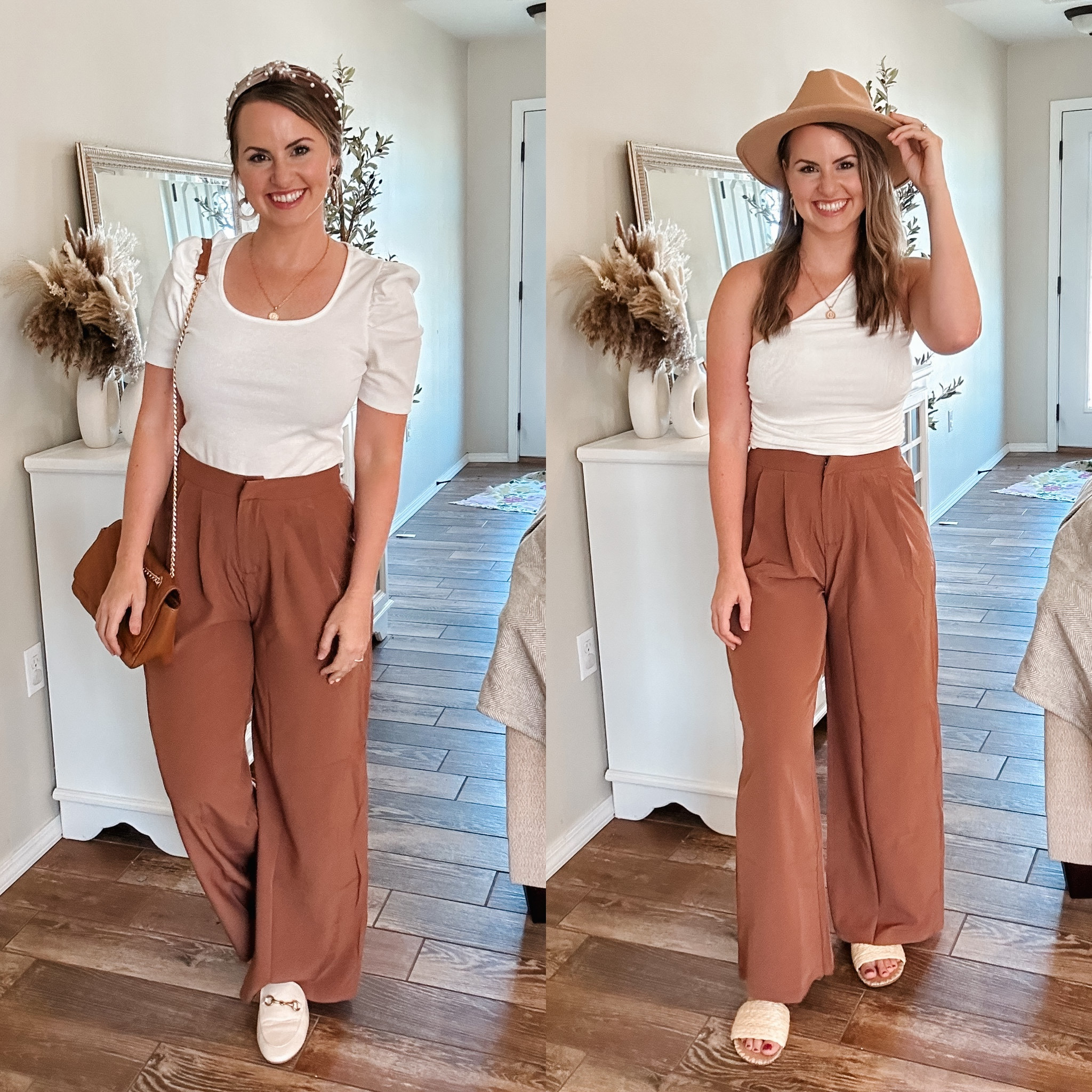 Amazon fashion! love this the wide leg trouser from Amazon. Wearing size M puff top, one shoulder top and brown pants! 

Law of fashion blog- trouser for work! Mom fashion. Work style. Work wear. Teacher outfits. Fall outfit. Viral trouser. Amazon outfits. Amazon fashion. High waisted pants. Puff sleeve. Brown purse. Fall hat. Loafers. Amazon flats. 

#LTKunder50 #LTKworkwear #LTKSeasonal