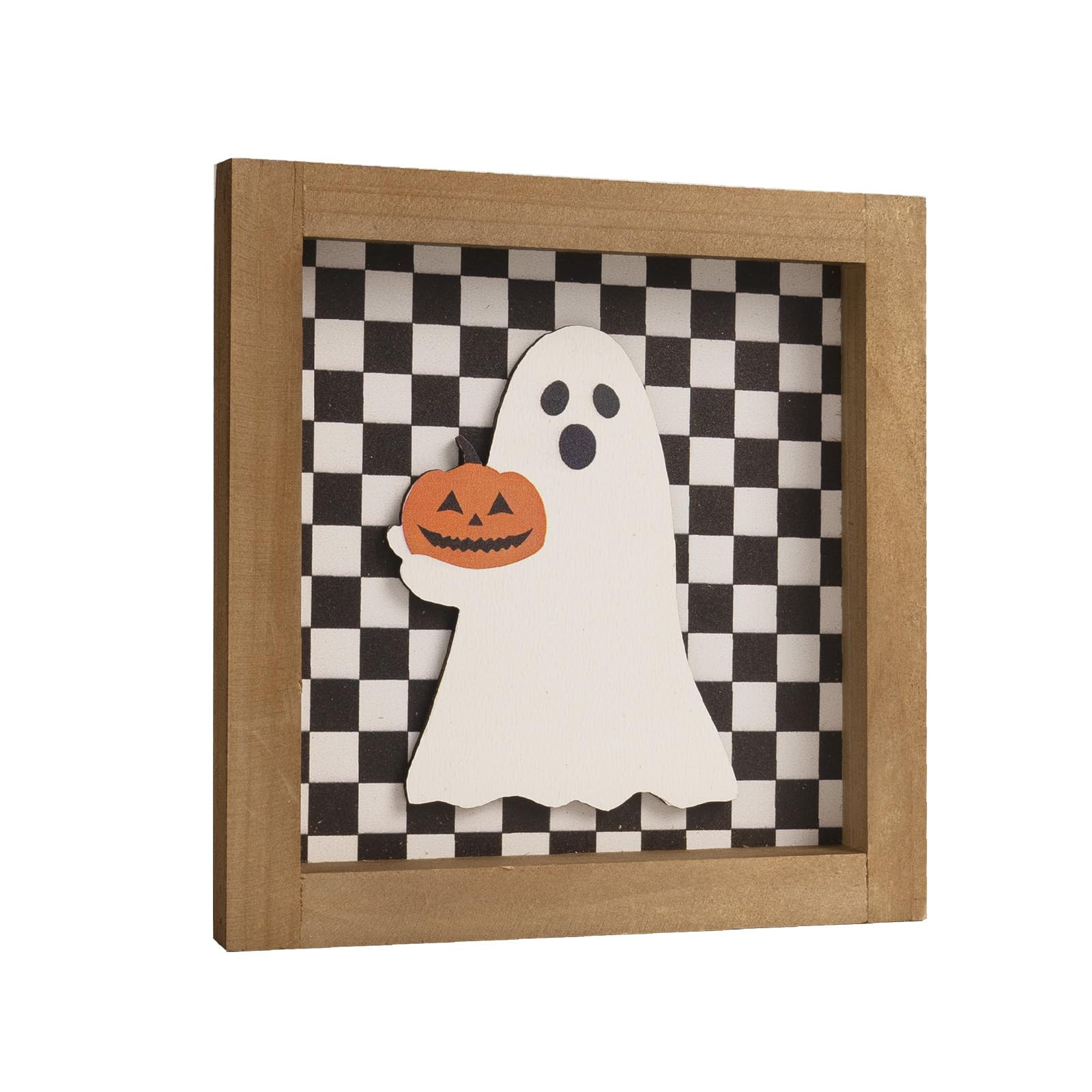 flangairy Halloween Wooden Sign, 3D Ghost Pumpkin Black and White Checkered Decorative Signage Ta... | Amazon (US)