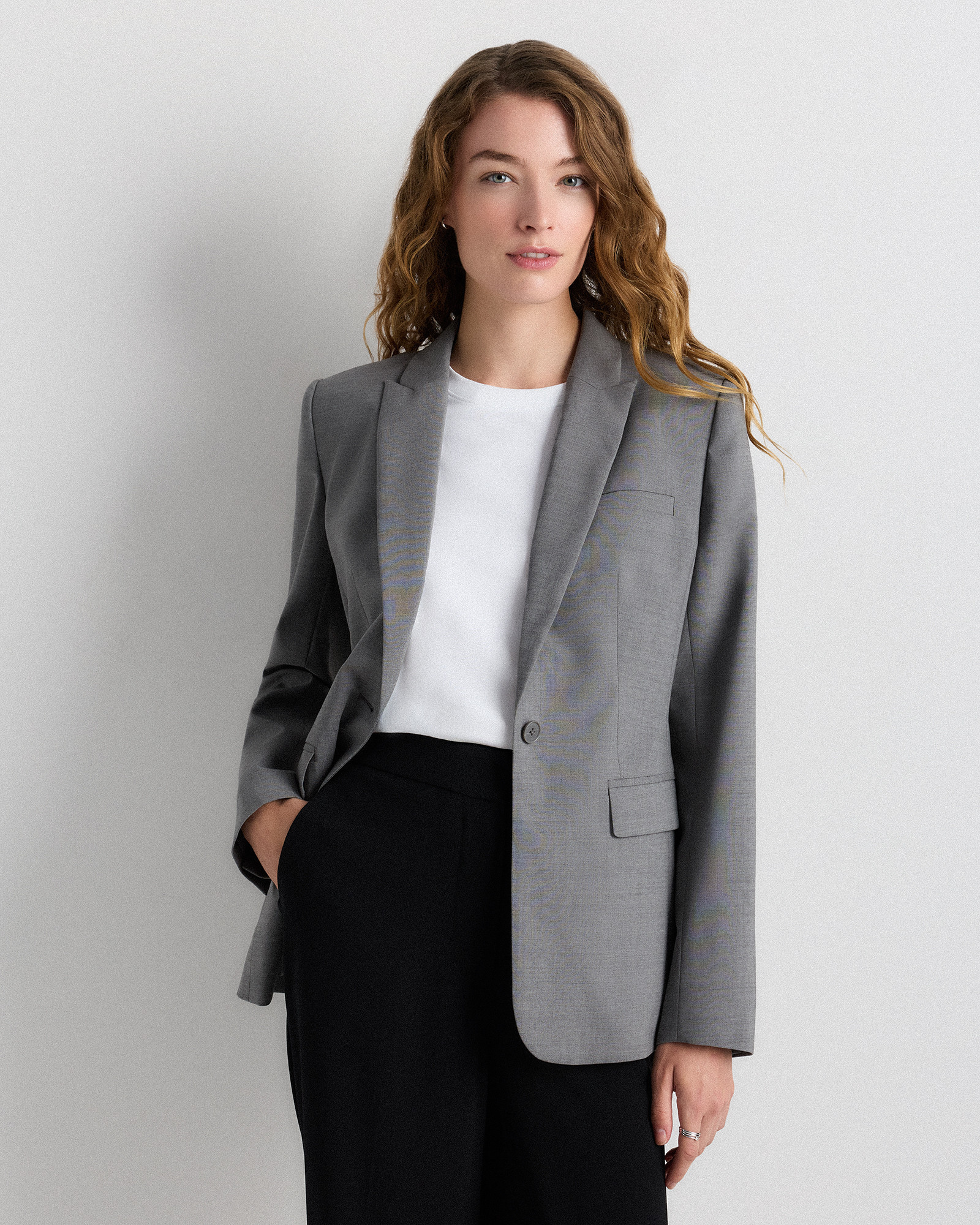 Quince | Women's Italian Wool Long Blazer in Grey Melange, Size Medium | Quince