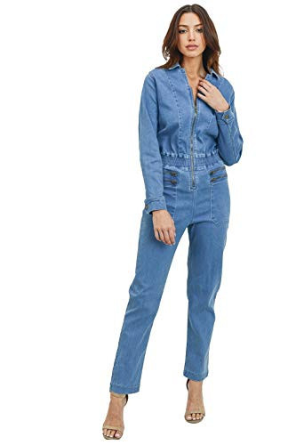 Khanomak Women's Casual Long Sleeve Denim Jumpsuit Zipper Closure with Smocking details at waist Medium Blue Small | Amazon (US)