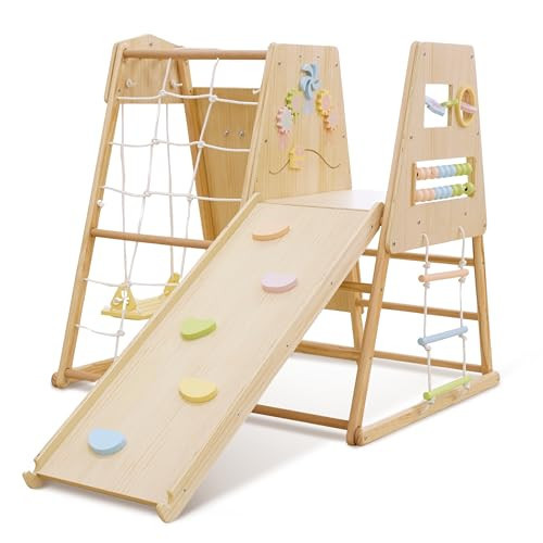Avenlur Cherry 5-in-1 Wooden Indoor Climber – Montessori Toddler Play Gym with Slide, Rock Wall, Rope Ladder, Sensory Panel & Swing – Indoor Playground for Kids Ages 18 Months to 5 Years | Amazon (US)