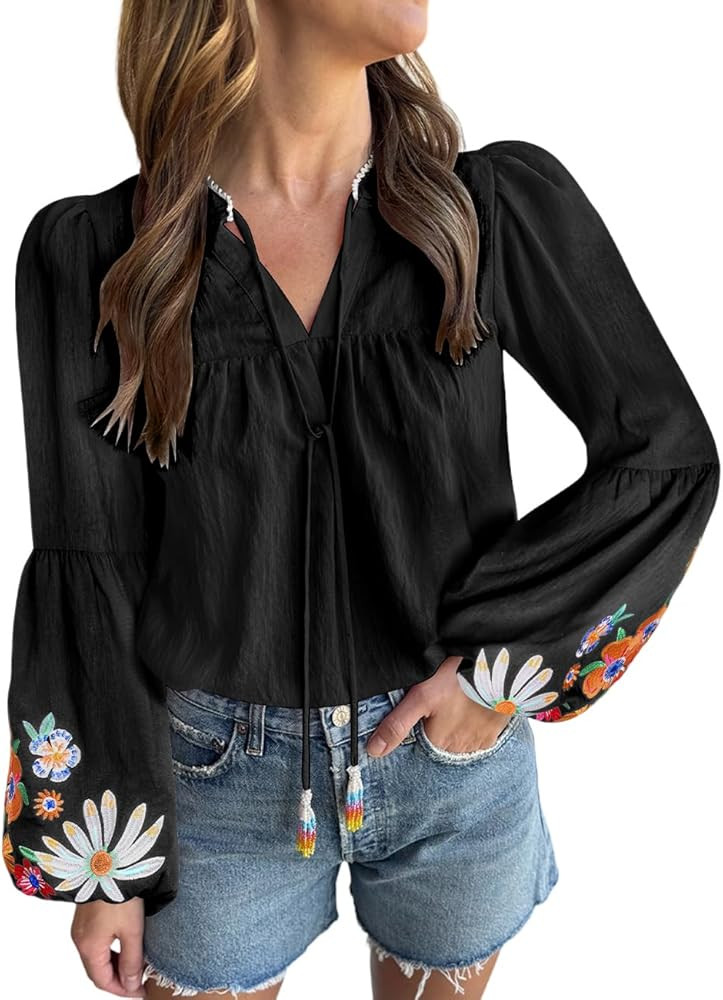 Women's Casual Floral Embroidered V Neck Boho Puff Short Sleeve Shirts Loose Tunic Summer Blouses... | Amazon (US)