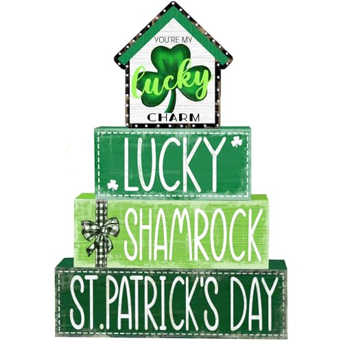 DIYDEC 4Pcs St.Patrick's Day Table Decoration Shamrocks House Wooden Block Signs Rustic St. Patrick Tiered Tray Decor Happy St.Patrick's Day Centerpiece Sign for Farmhouse Holiday Tabletop Party Decor | Amazon (US)