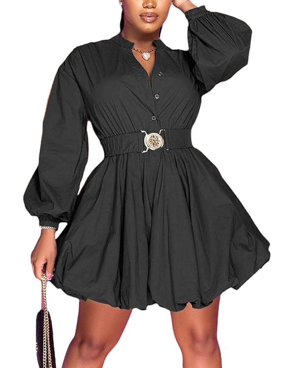 Uni Clau Womens Button Down Shirt Dress Long Sleeve A-Line Casual Puffy Short Mini Dress with Bel... | Amazon (US)