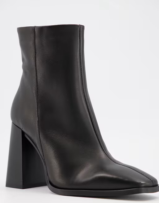 Depp square toe block heel ankle boots in black leather | ASOS (Global)