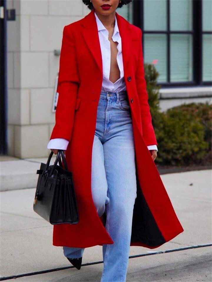 GLOURI Women's Winter Wool Coat Single-Breasted Pea Coat Casual Long Lapel Work Office Overcoat W... | SHEIN