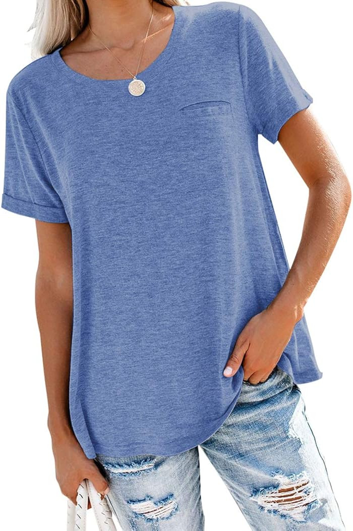 Bingerlily Women's Roll Up Short Sleeve T Shirts Crew Neck Tops Loose Causal Tees with Pocket | Amazon (US)