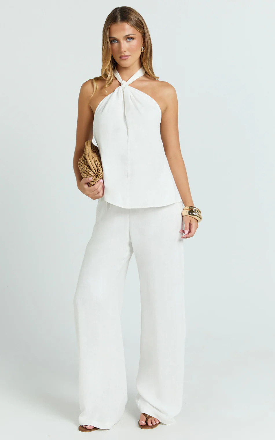 Ingrid Two Piece Set - Knot Detail Halter Neck Top and Wide Leg Pants Set in Off White | Showpo (ANZ)