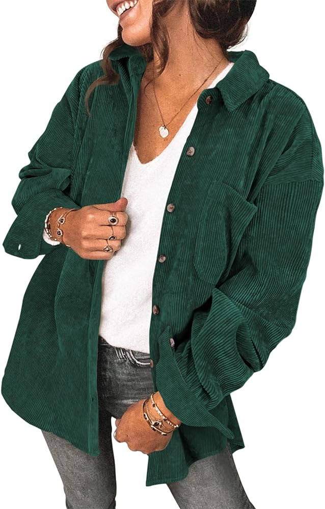Saslax Womens Corduroy Shirt Long Sleeve Oversized Button Up V Neck Blouses Tops Loose Shacket Jacke | Amazon (US)
