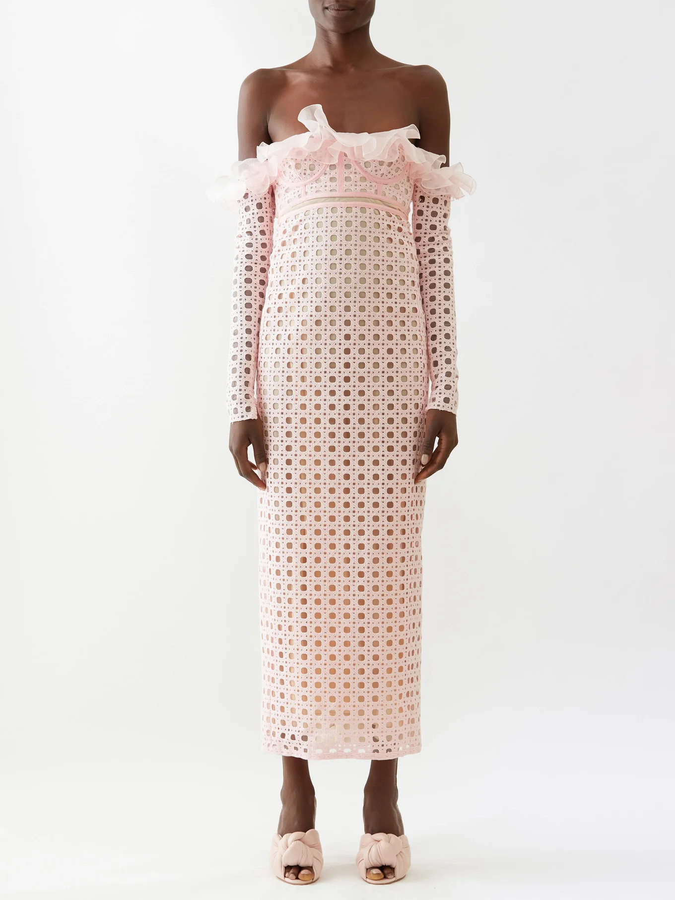Off-the-shoulder macramé cotton-blend midi dress | Matches (US)