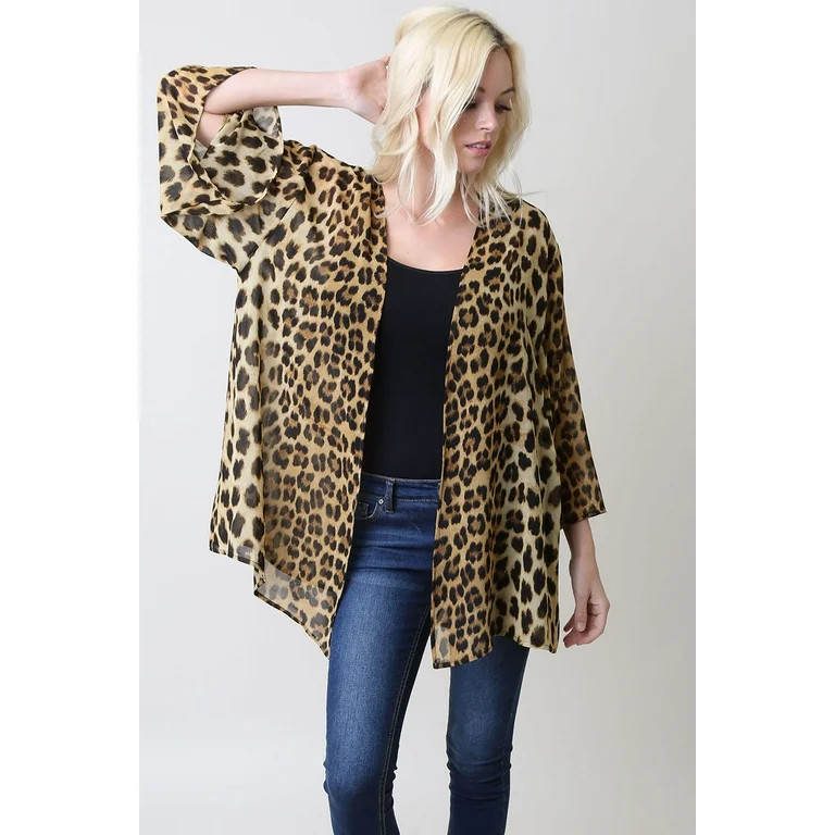 Women Leopard Print Chiffon Cardigan Kimono Sleeve (Brown, S/M) | Walmart (US)