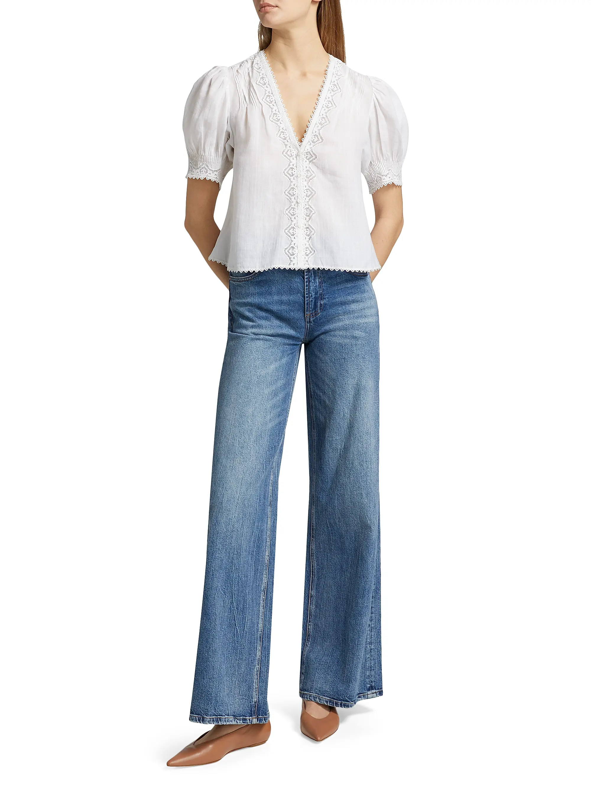 DÔEN Brigetta Eyelet-Trim Linen Puff Sleeve Top | Saks Fifth Avenue | Saks Fifth Avenue
