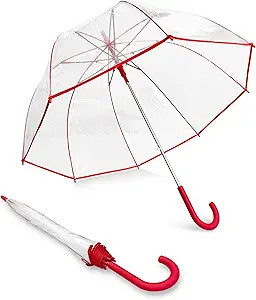 Weather Station Clear Dome Rain Umbrella - Automatic Open, Bubble, Transparent, Red Trim | Amazon (US)