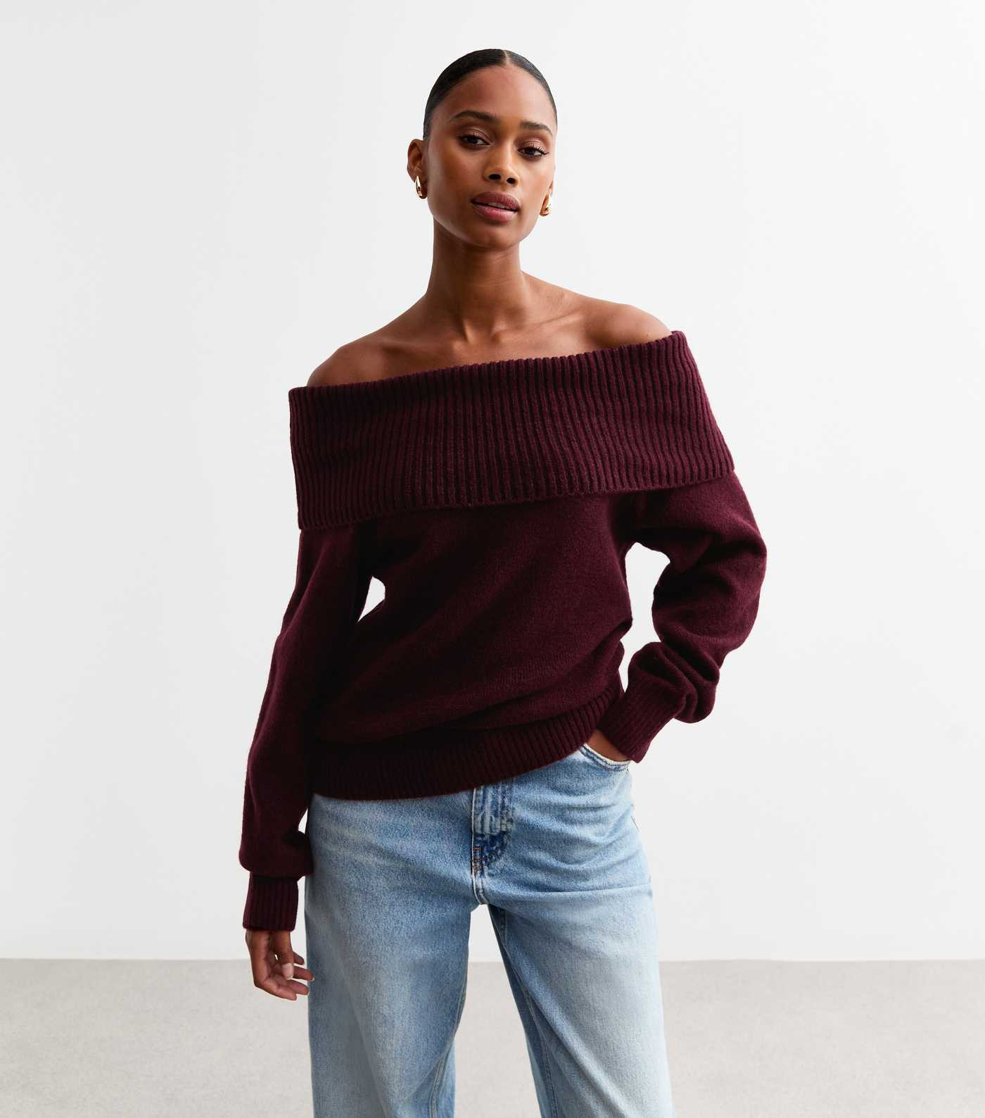 Burgundy Knit Foldover Bardot Jumper
						
						Add to Saved Items
						Remove from Saved Item... | New Look (UK)
