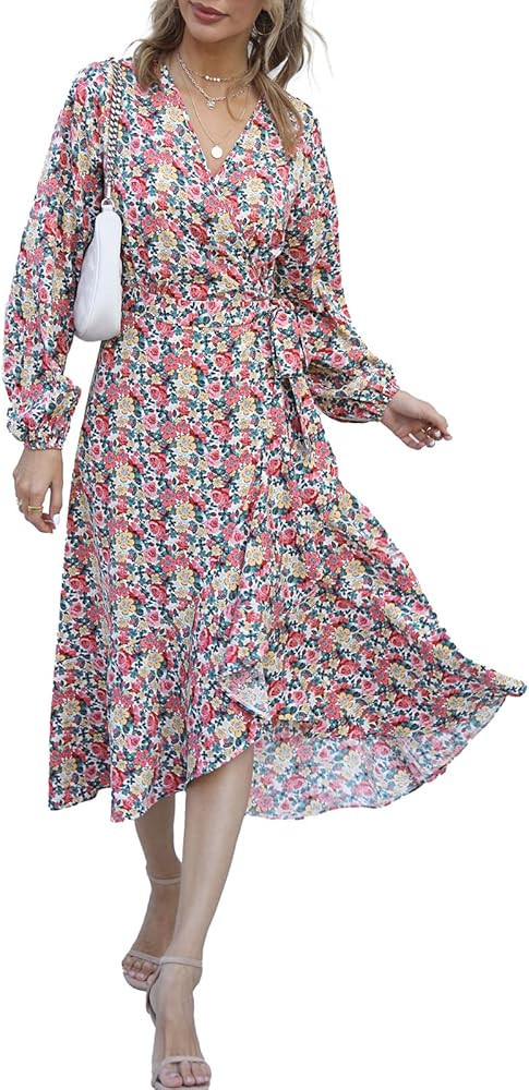 PRETTYGARDEN Women's Long Sleeve Vintage Wrap Dress Floral Print V-Neck Maxi Dresses with Belt | Amazon (US)