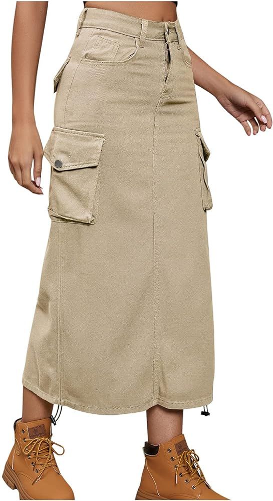Women's Cargo Skirt Comfy Stretch Long Denim Skirt Y2k High Waist A line Flare Jean Skirt Fashion... | Amazon (CA)