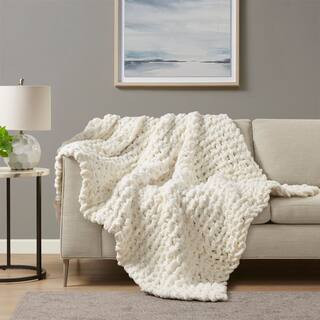 Chenille Chunky Knit Ivory Polyester Throw Blanket | The Home Depot