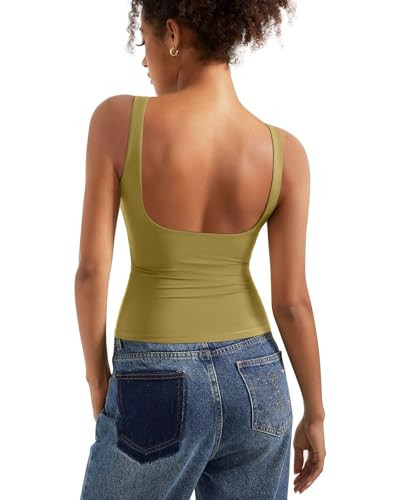 SUUKSESS Women Built in Bra Open Back Boat Neck Tank Tops Double Lined Backless Y2K Going Out Top Basic Shirt (Olive,XS) | Amazon (US)