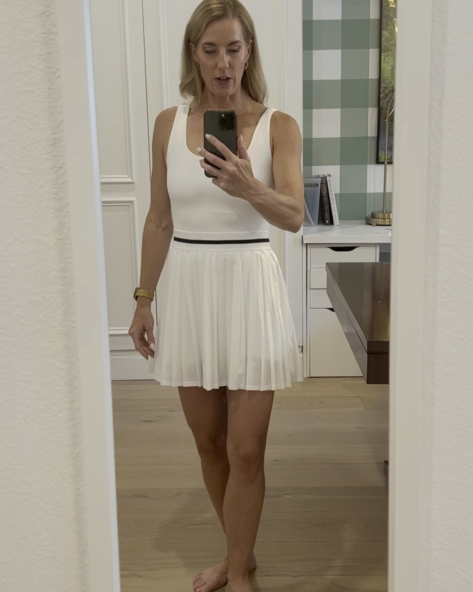 White target tennis dress. Built in shorts and bra. Really comfortable and sweat wicking. 

#LTKFitness #LTKSummerSales #LTKSaleAlert