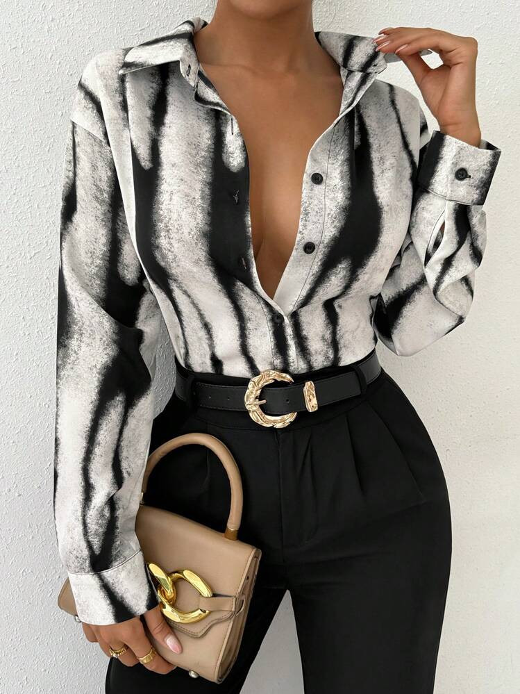 SHEIN Raffinéa Women's Black And White Long Sleeve Business Casual Shirt For Autumn,Long Sleeve ... | SHEIN