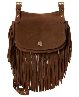 Lauren Ralph Lauren Marcy Fringe Trim Small Crossbody Handbag - Light Tobacco | Macy's
